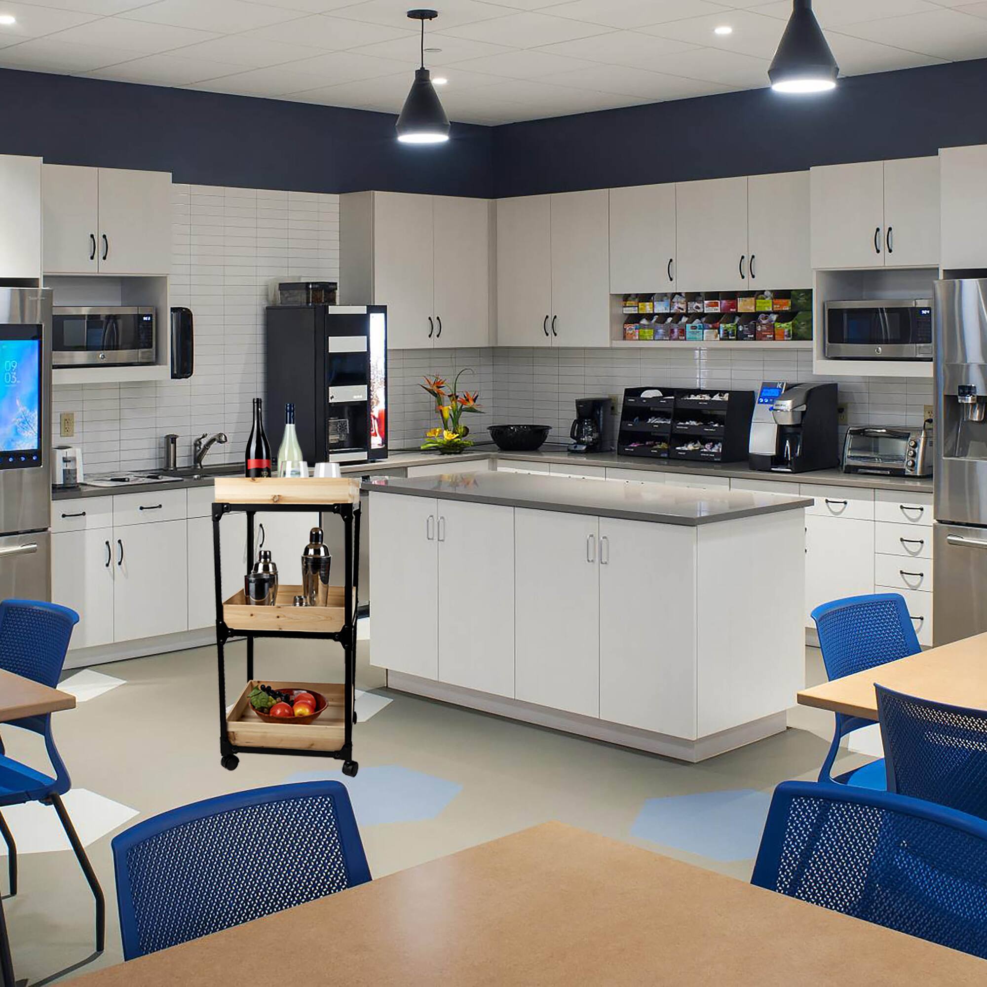 Mind Reader 3-Tier Black Metal Rolling Organizer with Wooden Baskets